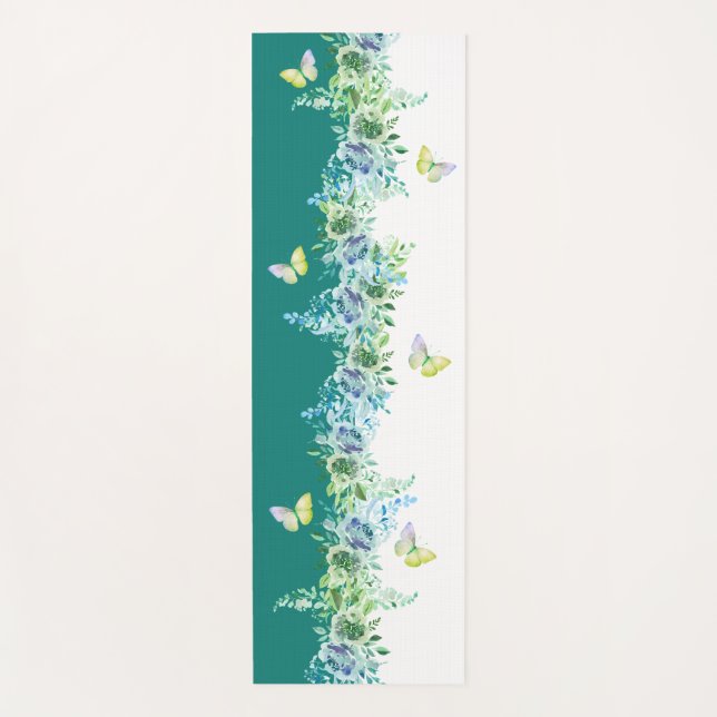 Tapis De Yoga Teal Green Floral Butterfly Yoga Mat  (Devant)