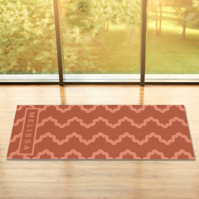 Tapis De Yoga Terracotta Red Modern Minimal Wavy Lines And Name (Disclaimer: This image is a digital mockup.)
