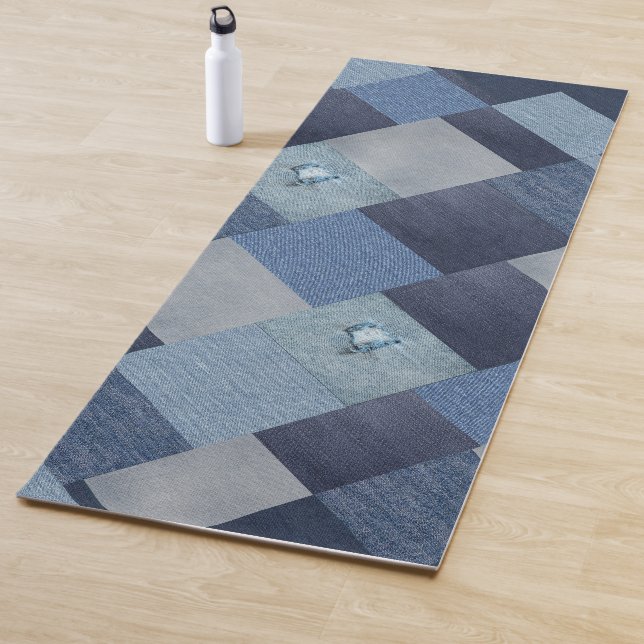 Tapis De Yoga Tissu bleu Denim Patchwork (En situation)
