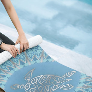 Tapis De Yoga Tortue Bleue Argent Et Mandala