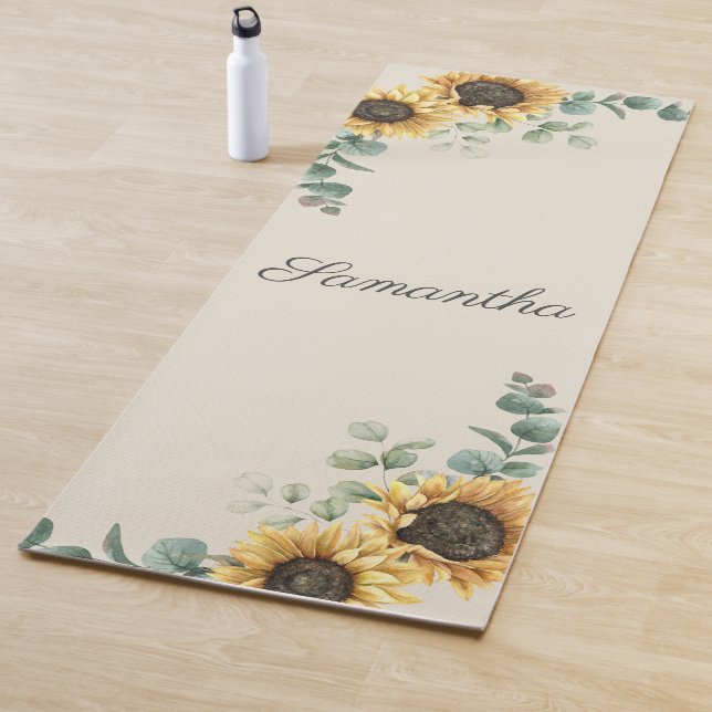 Tapis De Yoga Tournesol Eucalyptus Script de verdure Floral (En situation)