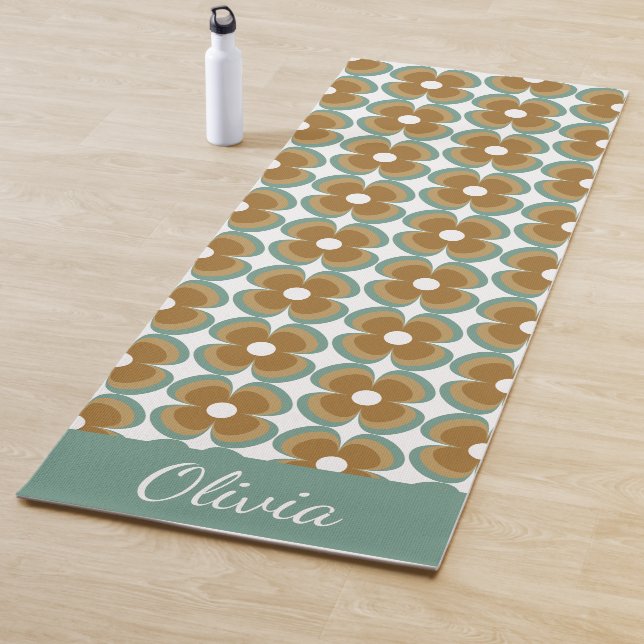 Tapis De Yoga Trendy Teal Caramel Retro Groovy Flowers Seamless (En situation)