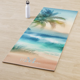 Tapis De Yoga Tropical Beach Sand Waves Palm Nom Monogramme