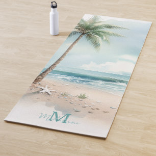Tapis De Yoga Tropical Beach Waves Palm Tree Zen Name Monogramme