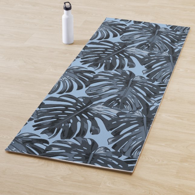 Tapis De Yoga Tropical Dark Blue Monstera Jungle Leaves (En situation)