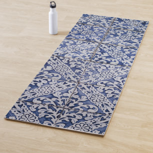 Tapis De Yoga Tuiles portugaises - Azulejo Floral bleu et blanc