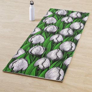 Tapis De Yoga Tulières blanches avec feuilles verts