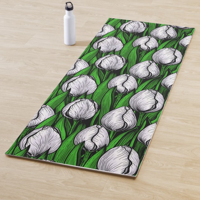 Tapis De Yoga Tulières blanches avec feuilles verts (En situation)