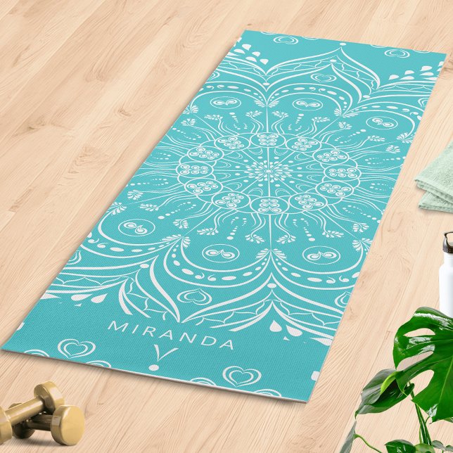 Tapis De Yoga Turquoise Bleu Boho Mandala Méditation personnalis (Personalized Boho Yoga Mat with Teal Blue Mandala Pattern)