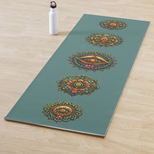 Tapis De Yoga Turquoise Gold Lotus Mandala Art - Teal Meditation (En situation)