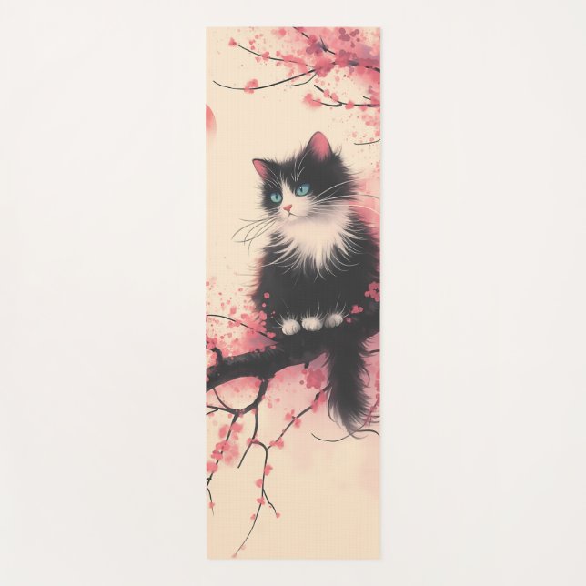Tapis De Yoga Tuxedo Chat sur la fleur de cerise esthétique japo (Devant)