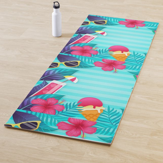 Tapis De Yoga Une scène tropicale vibrante Yoga Mat (On a bright turquoise background, there are playful illustrations of sunglasses, a refreshing drink!)