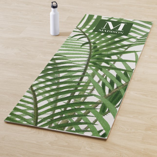 Tapis De Yoga Verdure tropicale Aquarelle Palmier Monogramme (En situation)