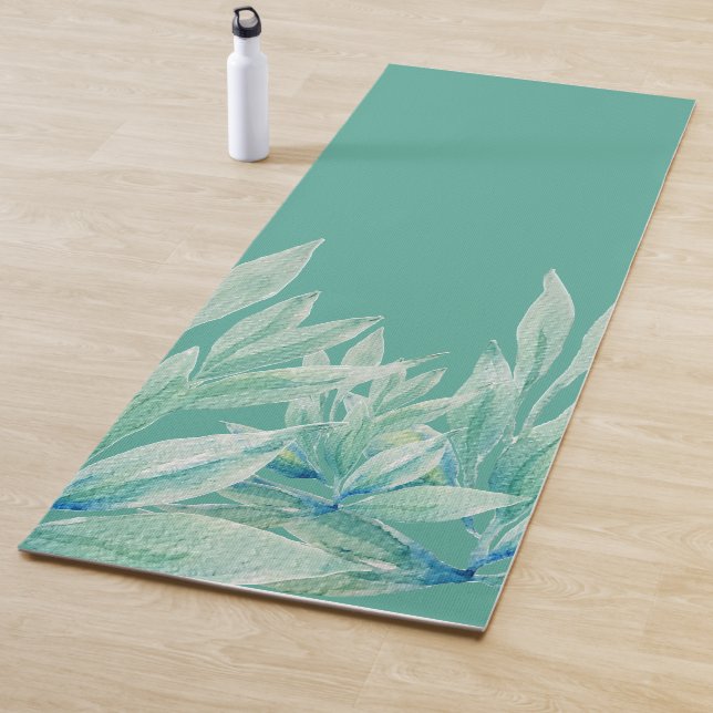 Tapis De Yoga Vert bleu moderne Océan Plantes Abstraits Aquarell (En situation)