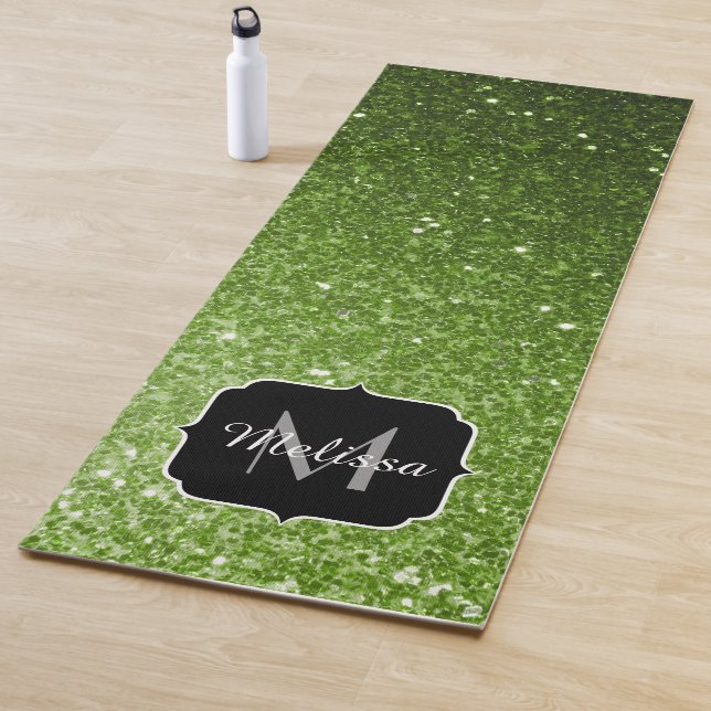 Tapis De Yoga Vert clair verdure paillettes scintille Monogramme (En situation)