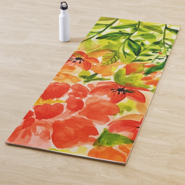 Tapis De Yoga Vert Fleurs de corail en fleurs sauvages Aquarelle (En situation)