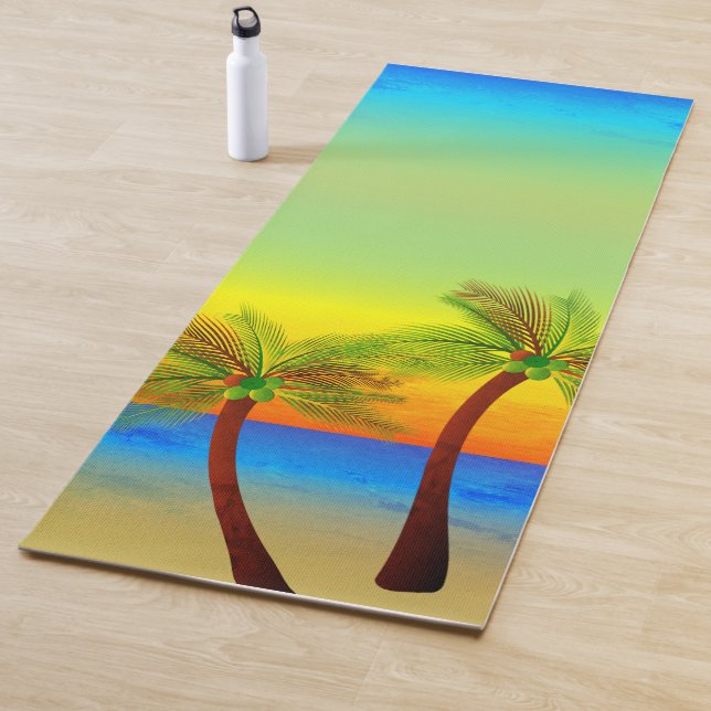 Tapis De Yoga Vie Tropicale Abstraite Palmiers Paysage marin (En situation)