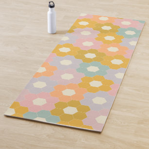 Tapis De Yoga Vintage Hexagon Flower Motif en Pastel