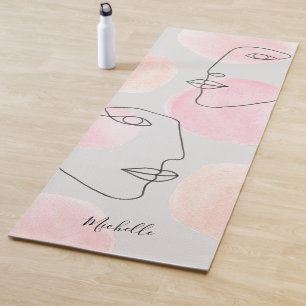 Tapis De Yoga Visages dessinés à la ligne minimaliste rose Nom p