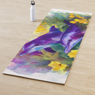 Tapis De Yoga Watercolor Ocean Dolphins Tropical Flowers