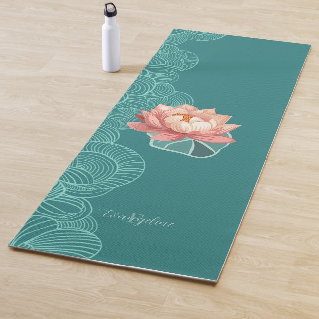 Tapis De Yoga Watercolor Peach Lotus On Teal Personalized (En situation)