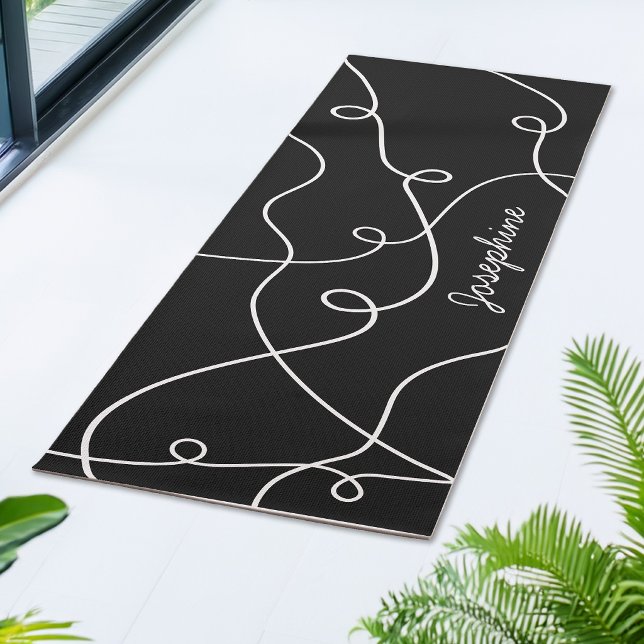 Tapis De Yoga White On Black Geometric Loops Pattern And Name (Créateur téléchargé)