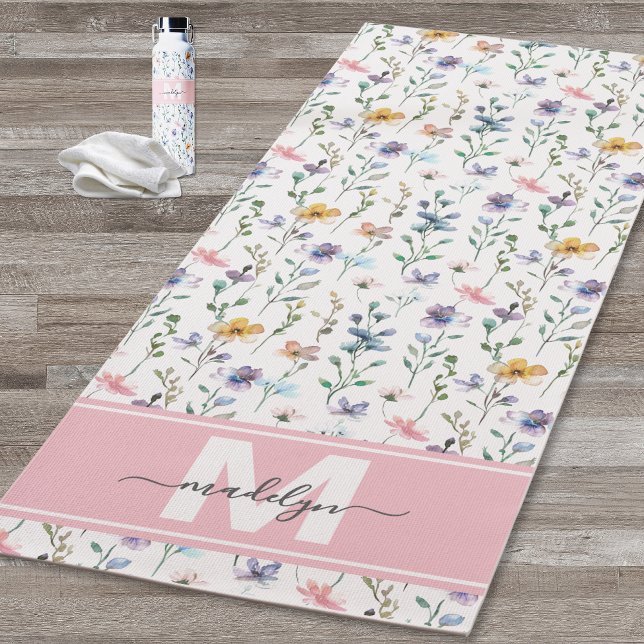 Tapis De Yoga Wildflower Watercolor Monogram (Wildflower Watercolor Custom Name Monogram Yoga Mat)
