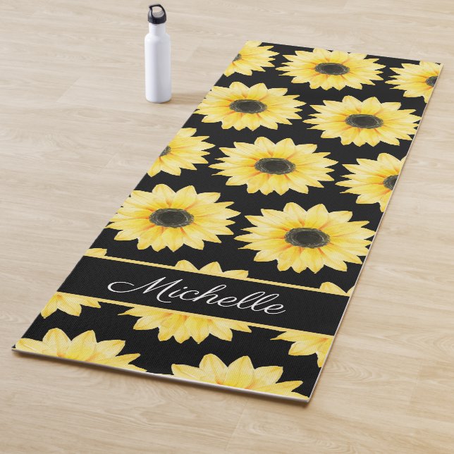 Tapis De Yoga Yellow Black Sunflower Aquarelle Motif personnalis (En situation)