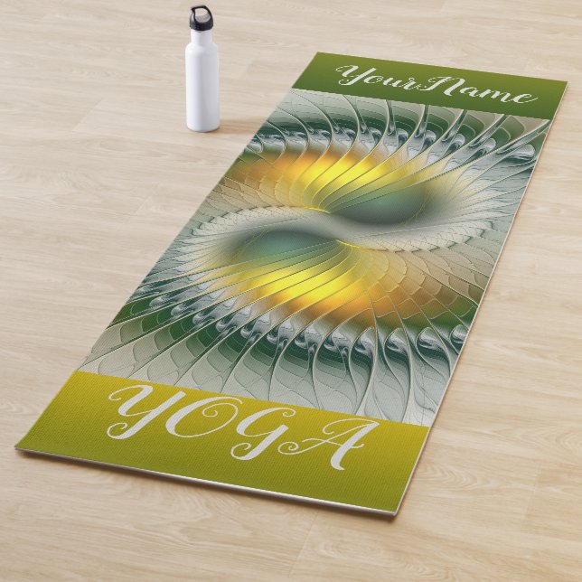 Tapis De Yoga Yin Yang Vert Jaune Abstrait Nom Art Fractal (En situation)