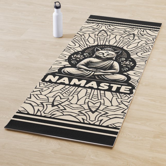 Tapis De Yoga Yoga namaste chat Bouddha. Crème et noir (En situation)