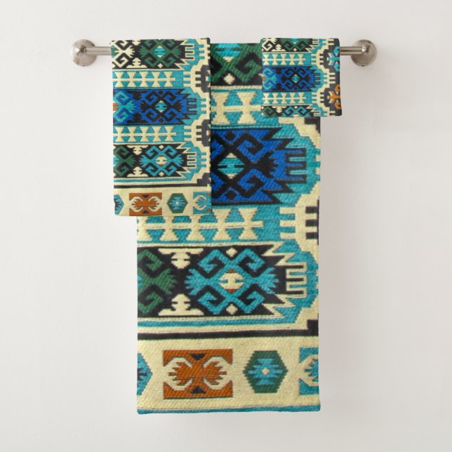 Tapis persan turc oriental bleu vert (En situation)