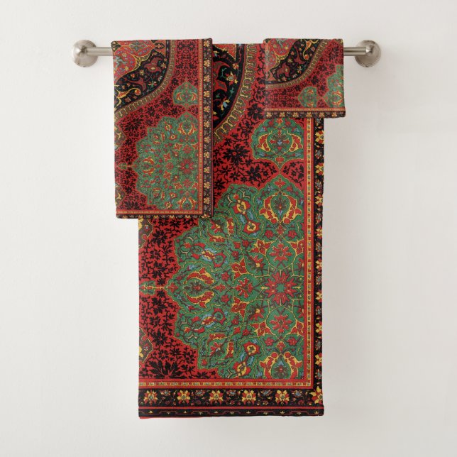 Tapis persan vintage motif rouge vert arabesque (En situation)