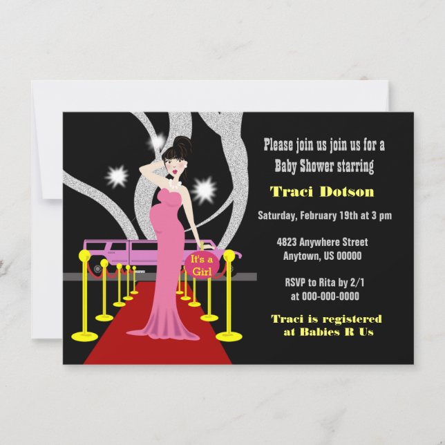 Tapis rouge Hollywood Baby shower Invitation fille (Devant)