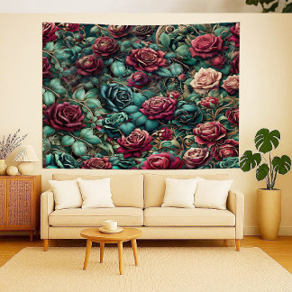 Tapisserie Art Nouveau Rose Grimpante Sarcelle Or