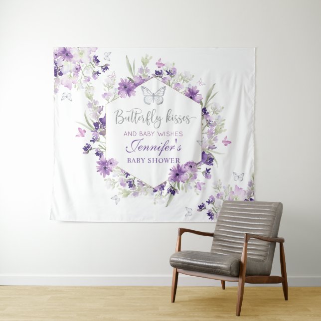 Tapisserie baby shower papillon argenté violet (En situation (horizontale))