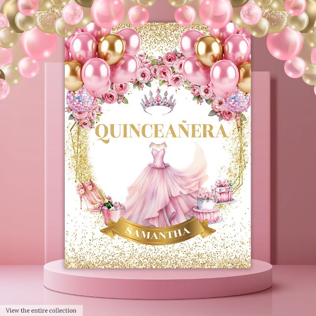 Tapisserie Chic Quinceañera Robe Rose Couronne or (Chic Quinceañera Tapestry Pink Dress Gold Crown

)