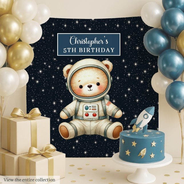 Tapisserie de fête d'anniversaire avec l'ours spat (Boy Birthday Party Tapestry with Space Bear)