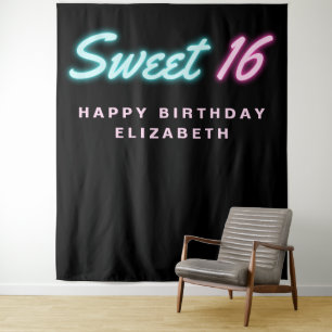 Tapisserie de fête d'anniversaire noire Sweet 16 N