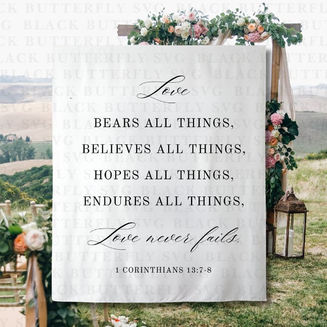 Tapisserie de fond de citation de mariage moderne  (Love Never Fails Wedding Backdrop)