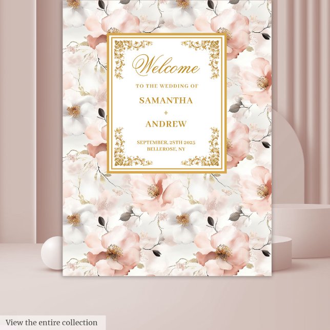 Tapisserie de mariage florale dorée rose poudré cl (Classic dusty pink gold floral wedding tapestry)