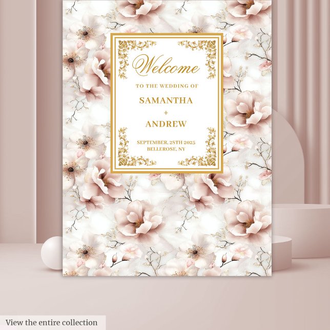 Tapisserie de mariage florale or rose poussiéreux  (Vintage Dusty Pink Gold Floral Wedding Tapestry

)