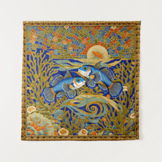 Tapisserie de style rétro Poisson Mandarin bleu