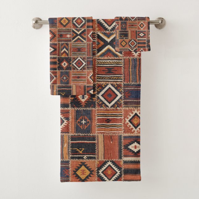 Tapisserie géométrique kilim patchwork rustique (En situation)