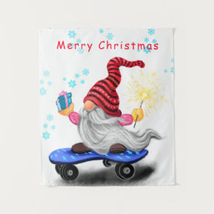 Tapisserie Gnome Patineur de Noël avec Cadeau
