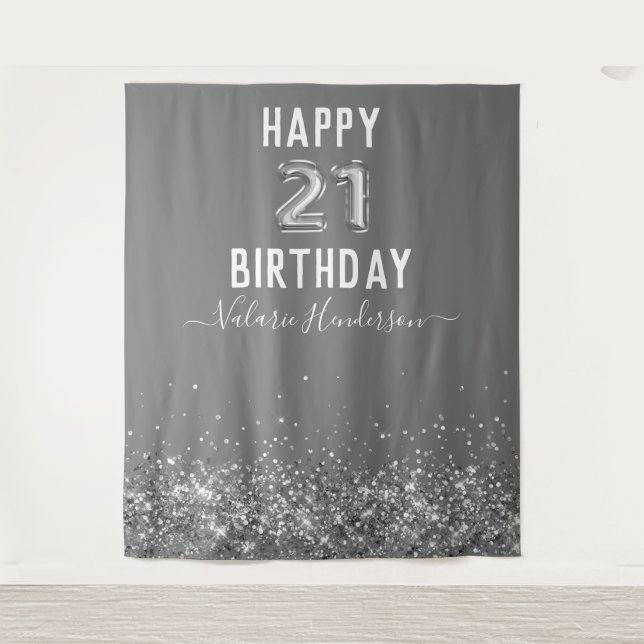 Tapisserie Joyeux 21e Anniversaire Gris et Argent (Devant)