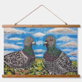 Tapisserie murale à dessus de bois avec deux pigeo