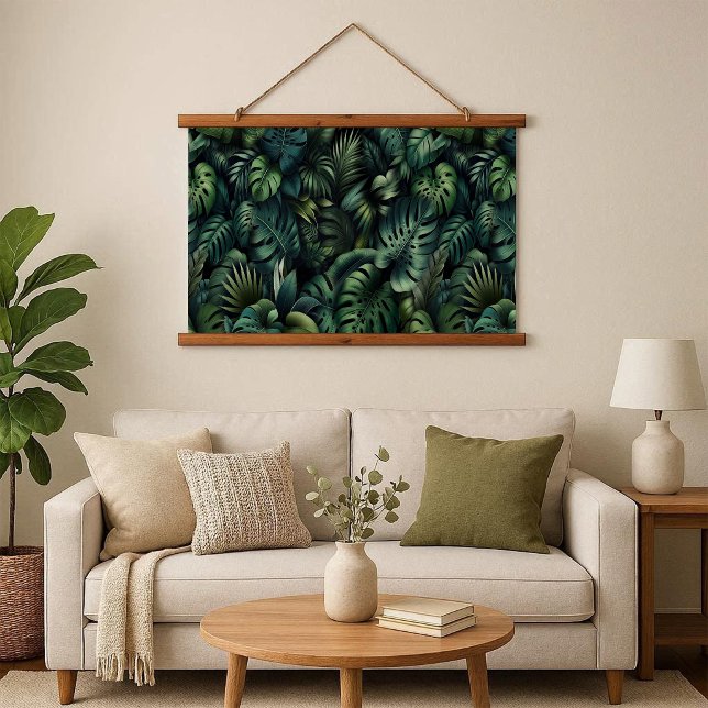 Tapisserie murale à dessus en bois (Tropical Monstera Botanical Wood Frame Tapestry)