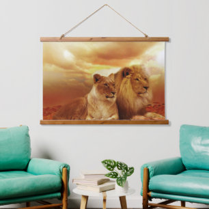 Tapisserie murale à sommet en bois Lion et Lionne 