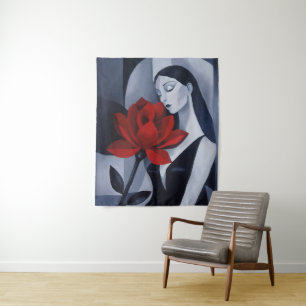 Tapisserie murale d'art moderne femme à la rose ro