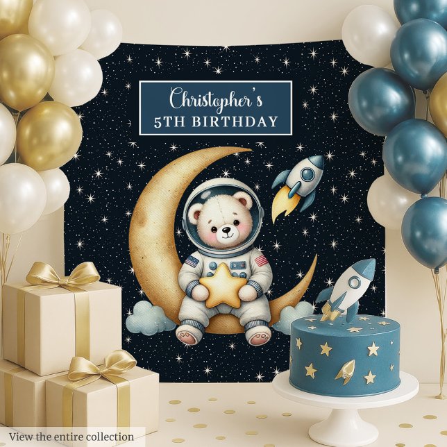 Tapisserie murale de l'astronaute Teddy pour la fê (Cute Teddy Bear Astronaut Birthday Party Backdrop Boy)
